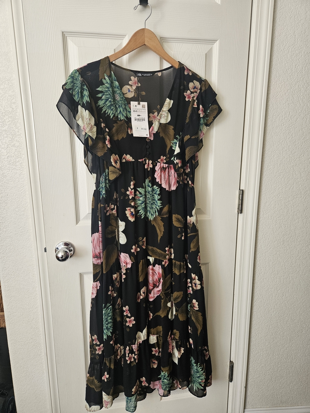 Zara Black Floral Maxi Dress with Pink & Green Blooms